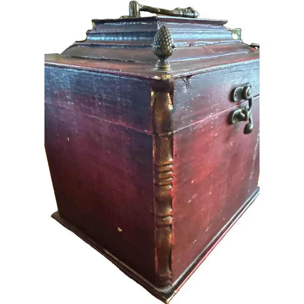 Vintage Red Wooden Keepsake Box Brass Handle Acorn Finials Lined 9in X 9in X 7in